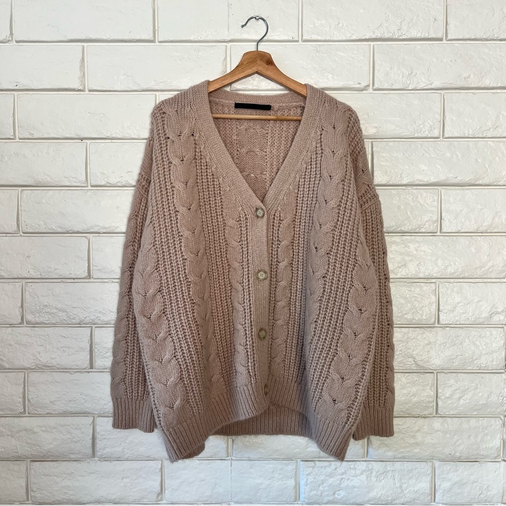 Jenni Kayne Cable Knit Cocoon Cardigan Alpaca Wool Cashmere Tan Oversized XXS - Picture 3 of 8